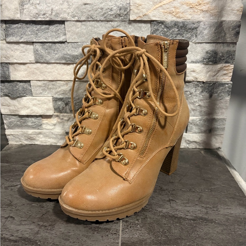 Guess Camel Lace-Up Ankle Booties with Zipper